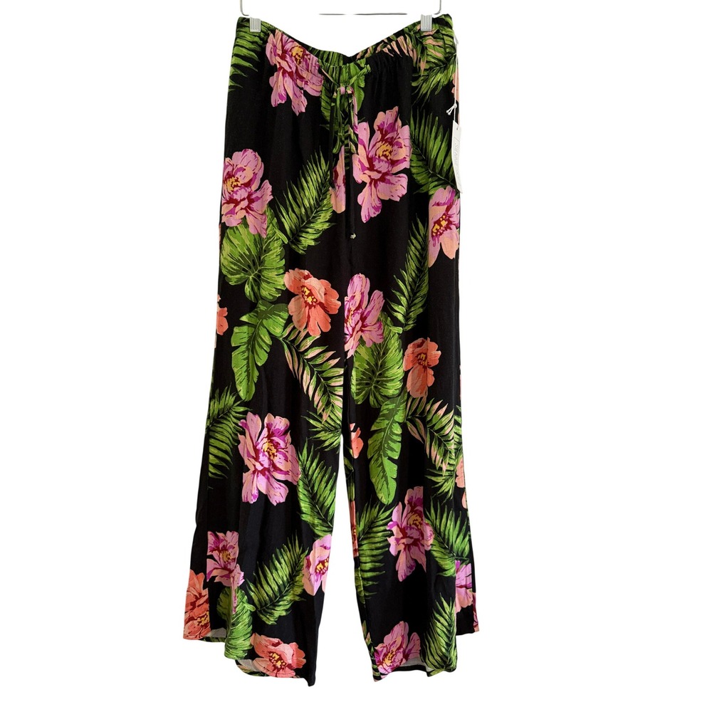 Sienna Sky‎ Womens Tropical Floral Wide Leg Linen Blend Pants Black Pink Large